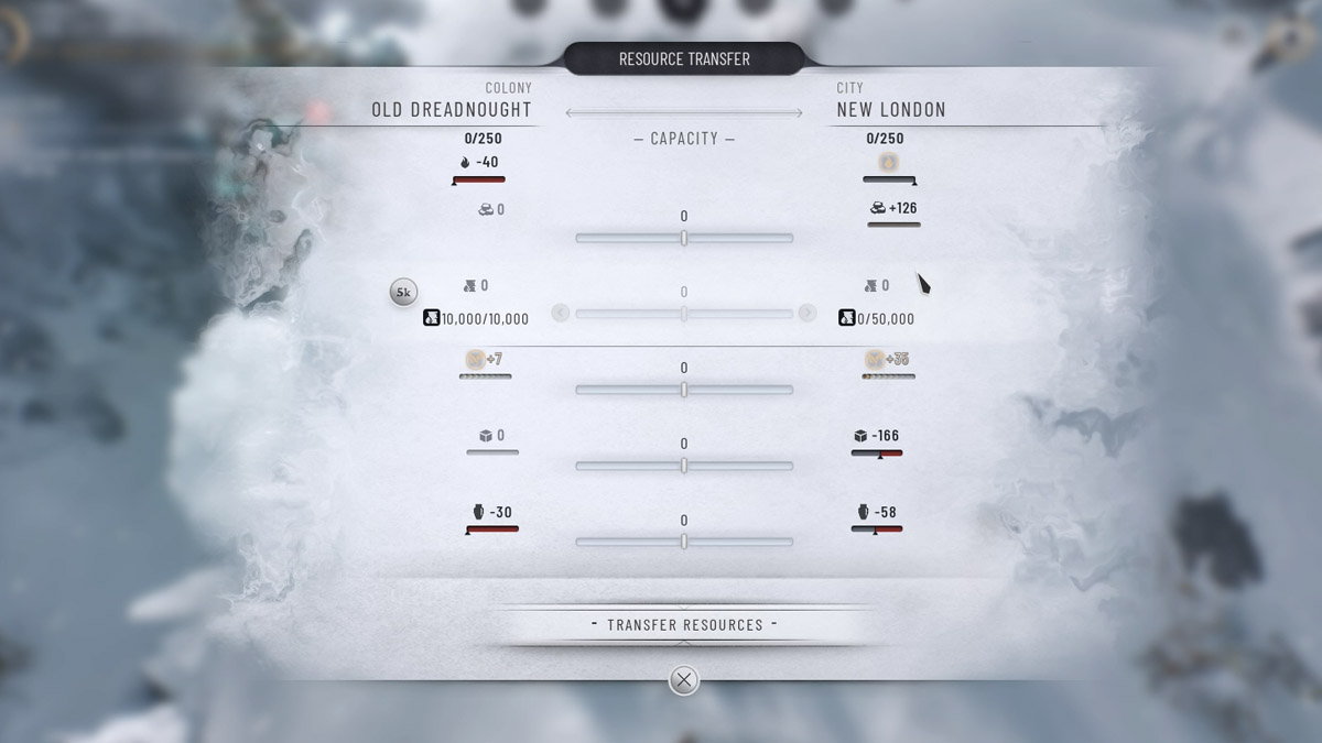 Image de l'écran de transfert de ressources, avec le Old Dreadnought sélectionné pour transférer des ressources vers New London dans Frostpunk 2