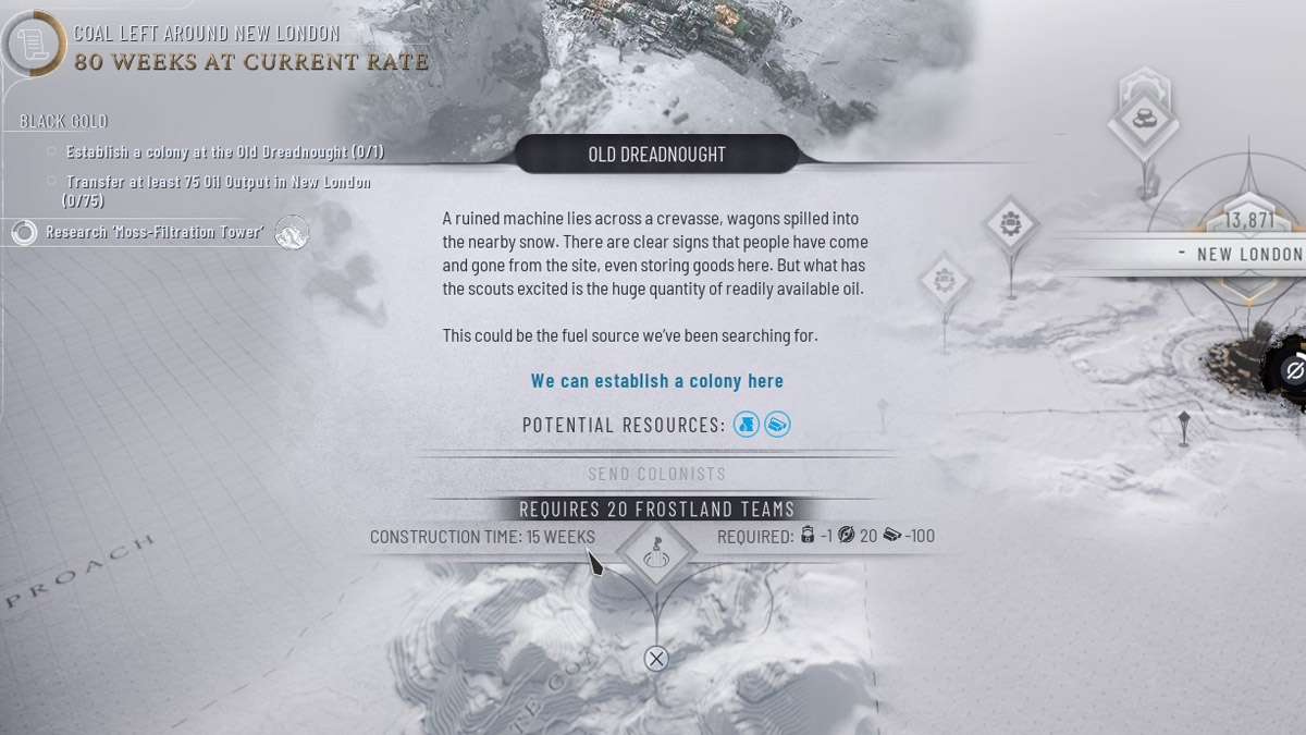 Image d'un rapport d'exploration d'équipe décrivant le vieux Dreadnought dans Frostpunk 2