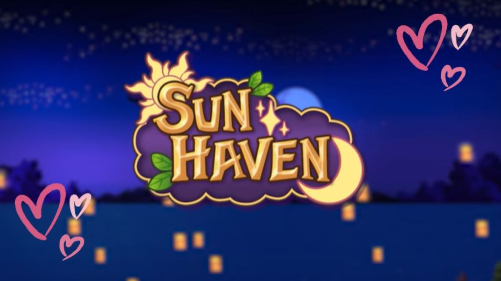 Le logo de Sun Haven sur fond de ciel nocturne, avec des cœurs de chaque côté