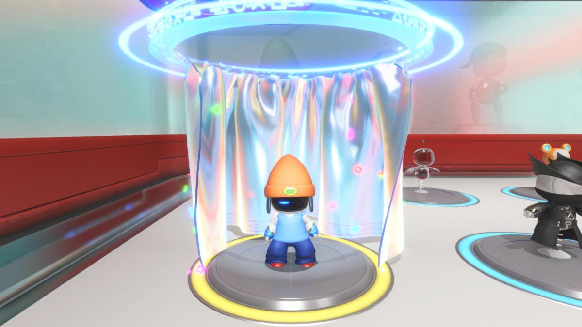 Astro Bot dans sa tenue de parolier amoureux parappa le rappeur dans le vestiaire