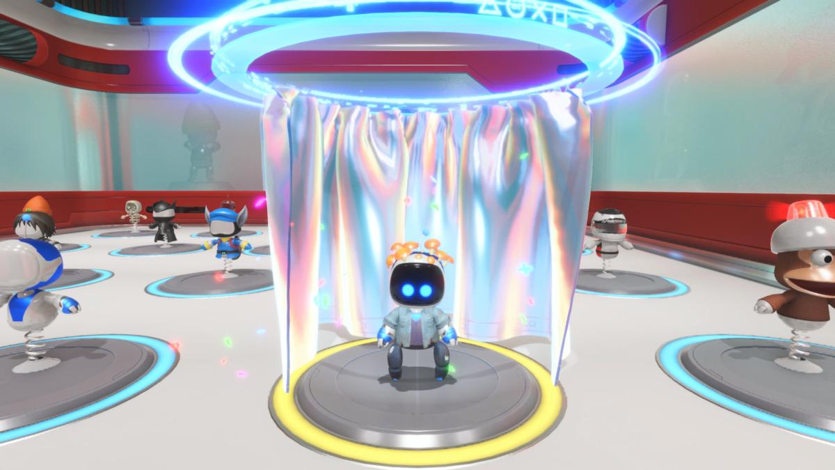 Astro Bot dans sa dernière tenue de tête de champignon dans le vestiaire