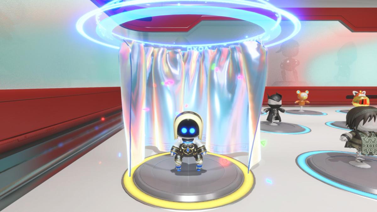 Astro Bot dans sa tenue de course à la gravité dans le vestiaire