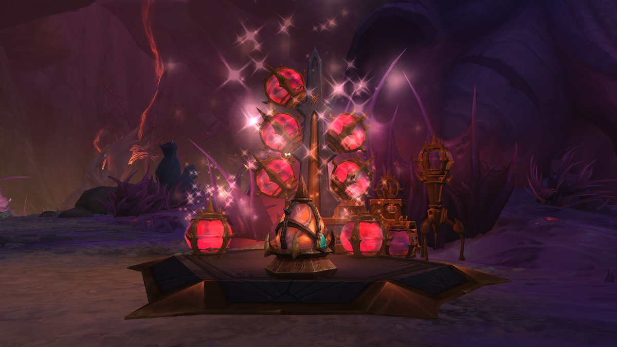 Image d'une variété de bouteilles roses et violettes sur une table dans World of Warcraft 