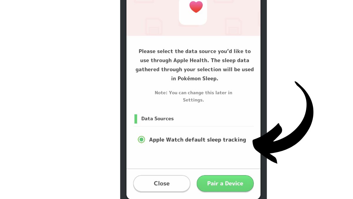 Écran permettant de choisir une source de données pour la synchronisation de Pokemon Sleep avec la montre connectée avec Apple Health