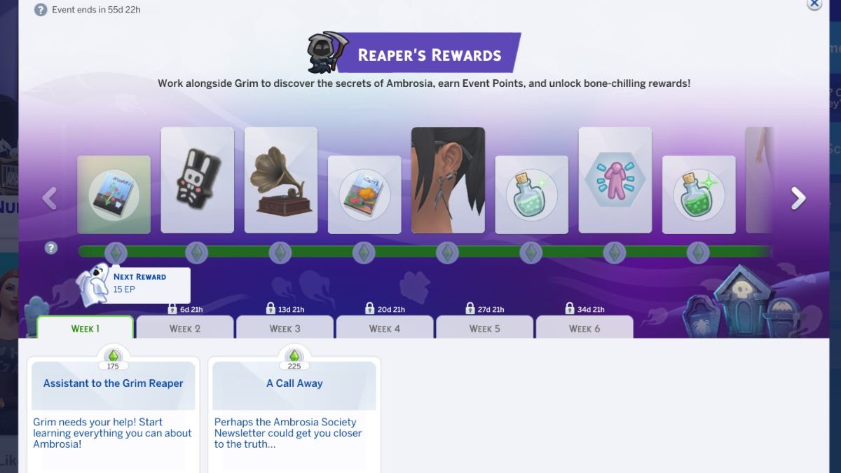 Capture d'écran de l'écran de progression de l'événement Récompenses du Faucheur dans Les Sims 4