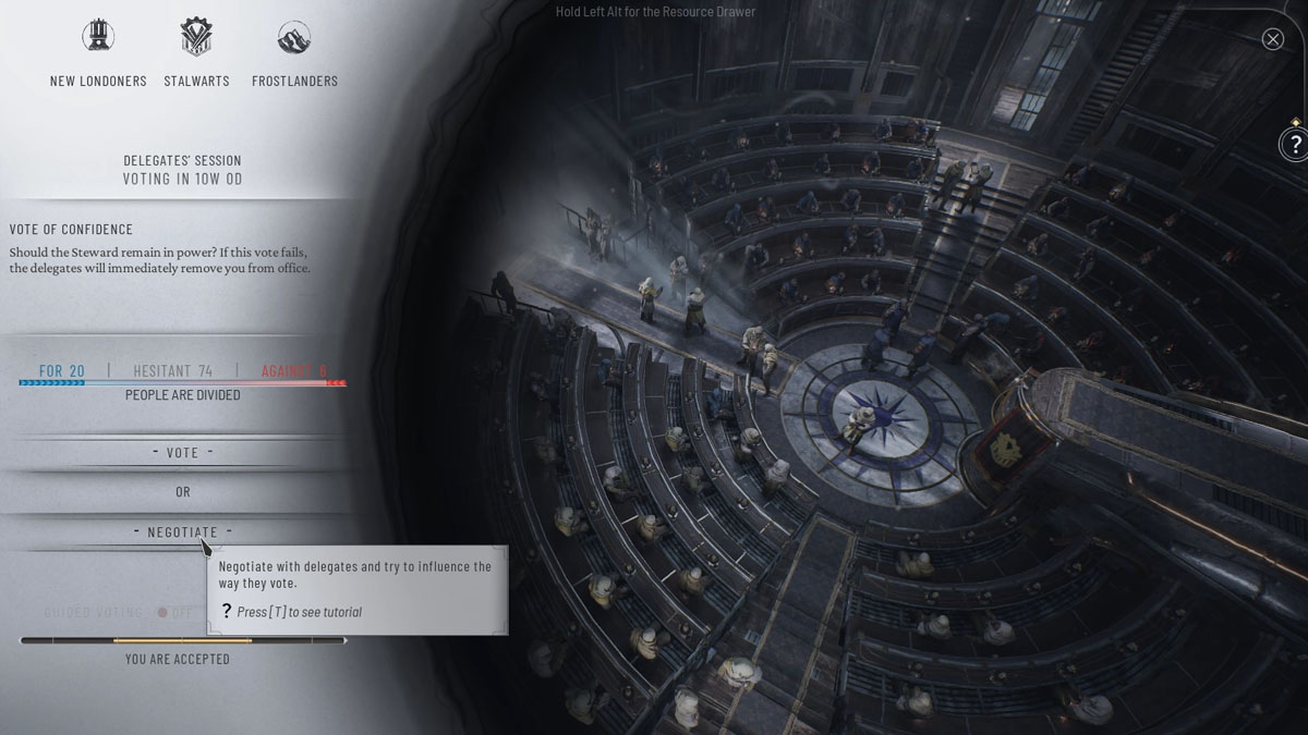 Image d'une salle de conseil circulaire vue d'en haut dans Frostpunk 2, avec un menu à gauche montrant le vote de confiance 