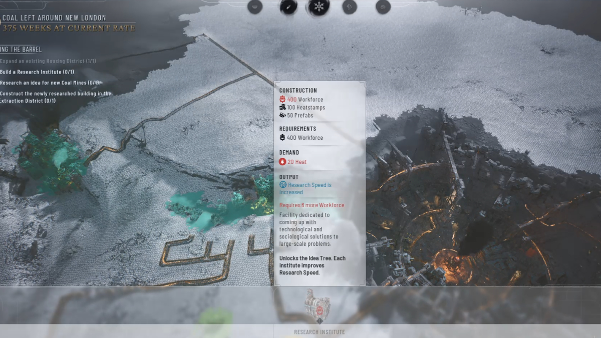 Construction d'un institut de recherche dans Frostpunk 2., avec un menu imposé sur un cratère 