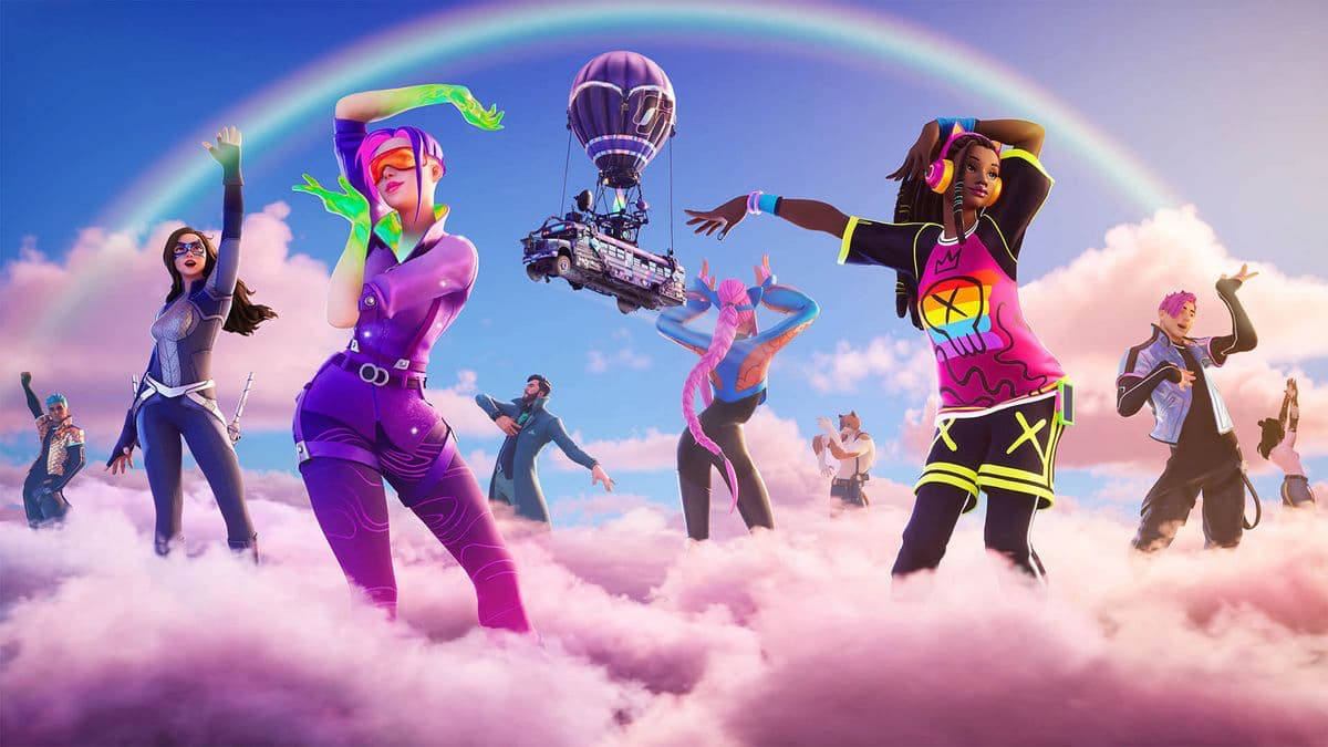 Plusieurs personnages de Fortnite dansent sur un nuage rose tandis que le bus flotte en arrière-plan