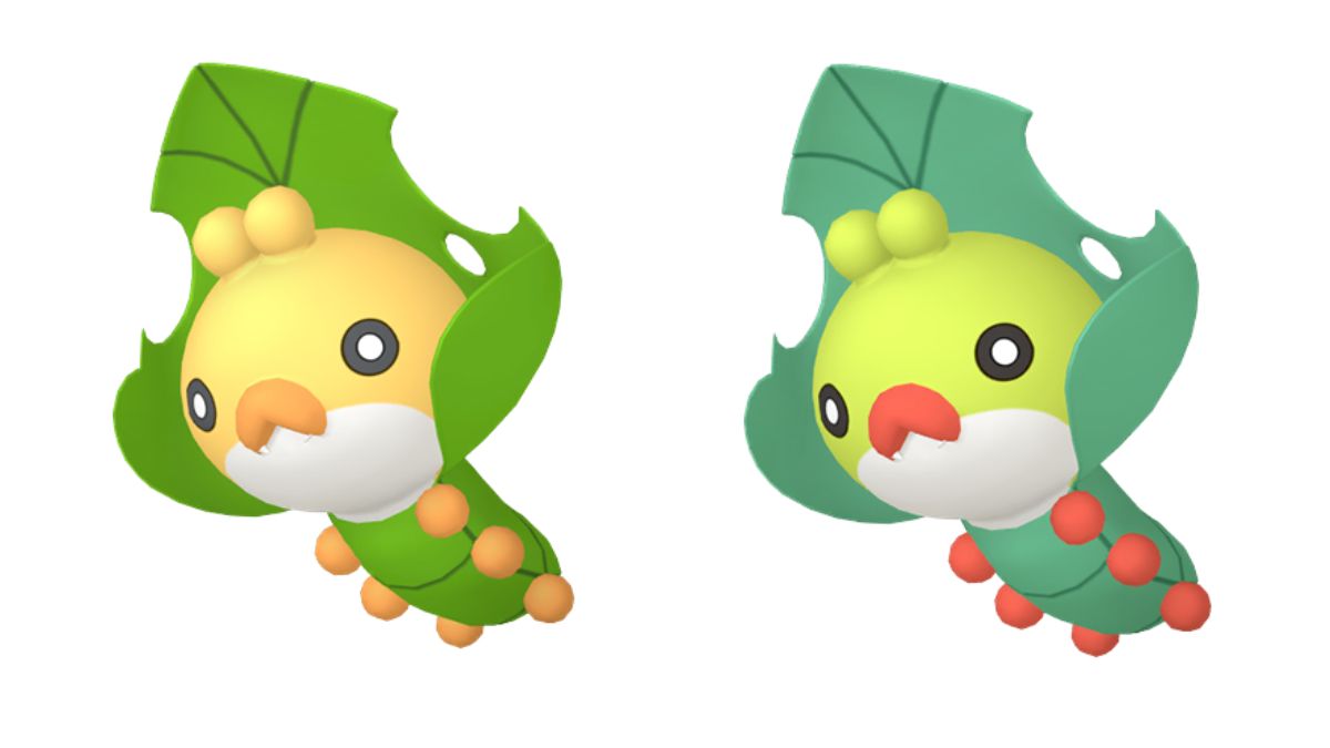 Comparaison côte à côte montrant Sewaddle vs Shiny Sewaddle