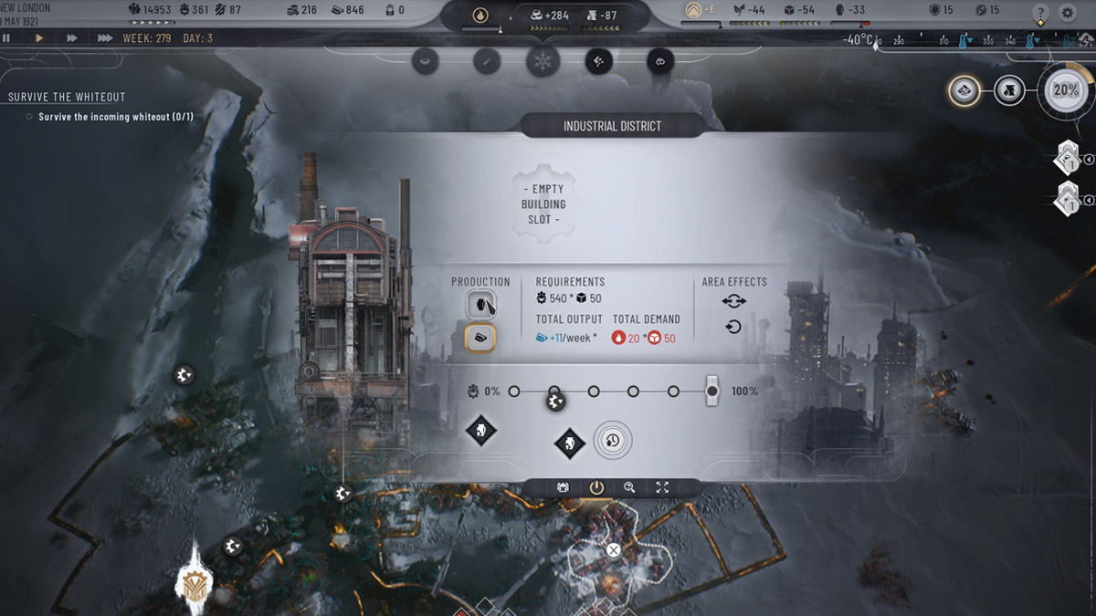 Une vue plongeante sur la carte Frostpunk 2 avec un menu ouvert pour le quartier industriel présentant les exigences et les résultats