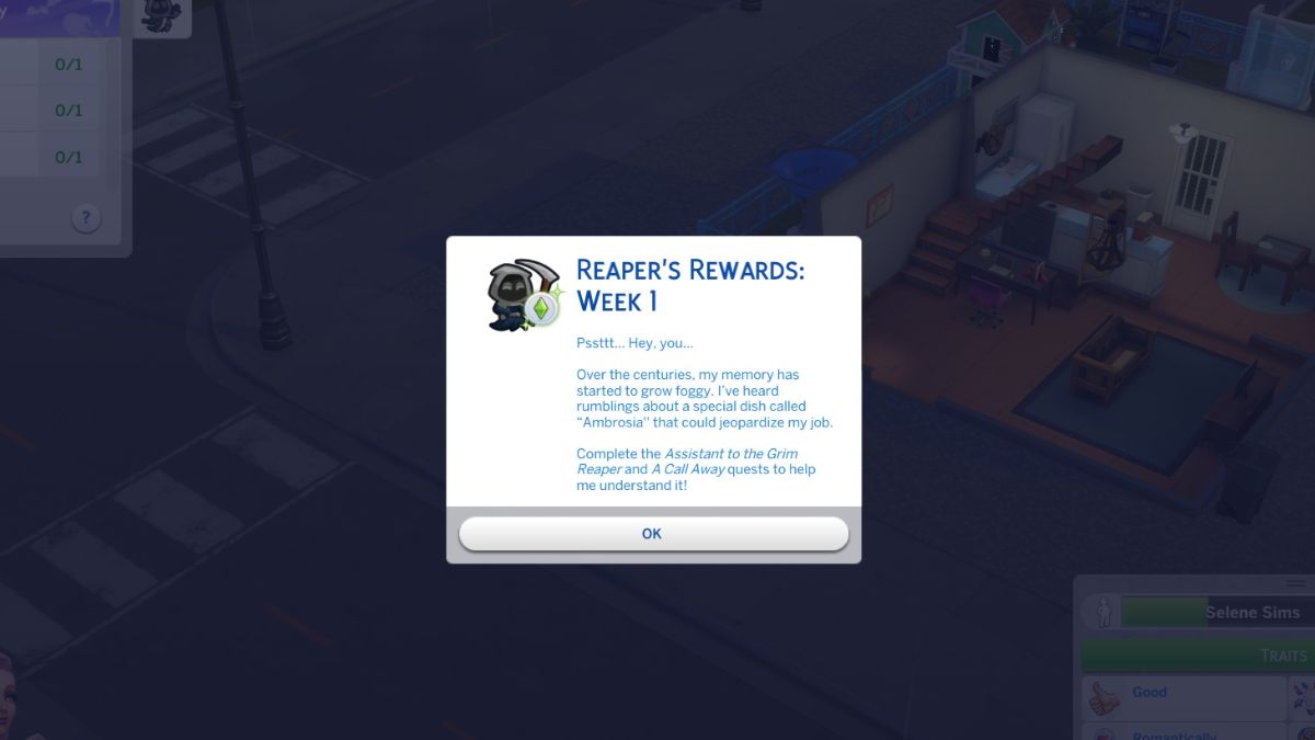 Capture d'écran de la fenêtre contextuelle qui lance l'événement Reaper's Rewards dans Les Sims 4