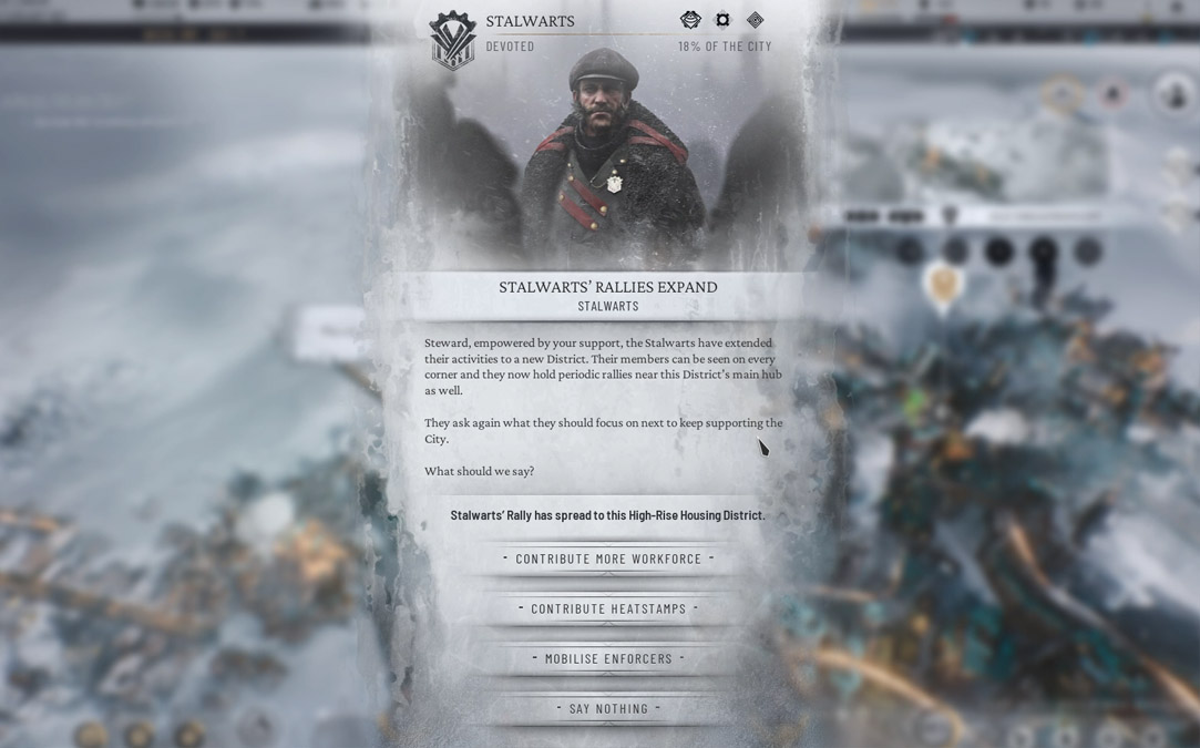 Image de l'événement Frostpunk 2 Stalwarts' Rallies Expand, avec le joueur recevant la possibilité de contribuer à une variété de ressources 