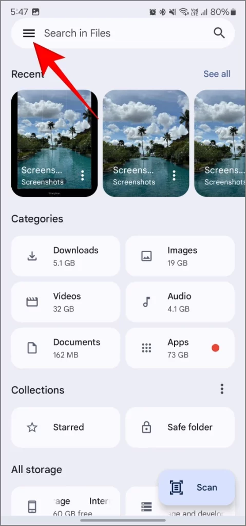 Activer Afficher les fichiers cachés dans l'application Files by Google