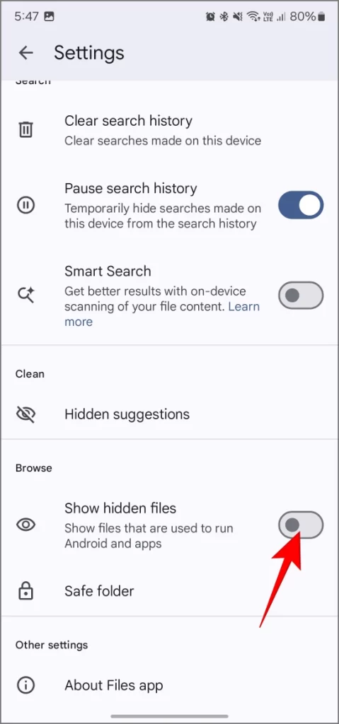Activer Afficher les fichiers cachés dans l'application Files by Google