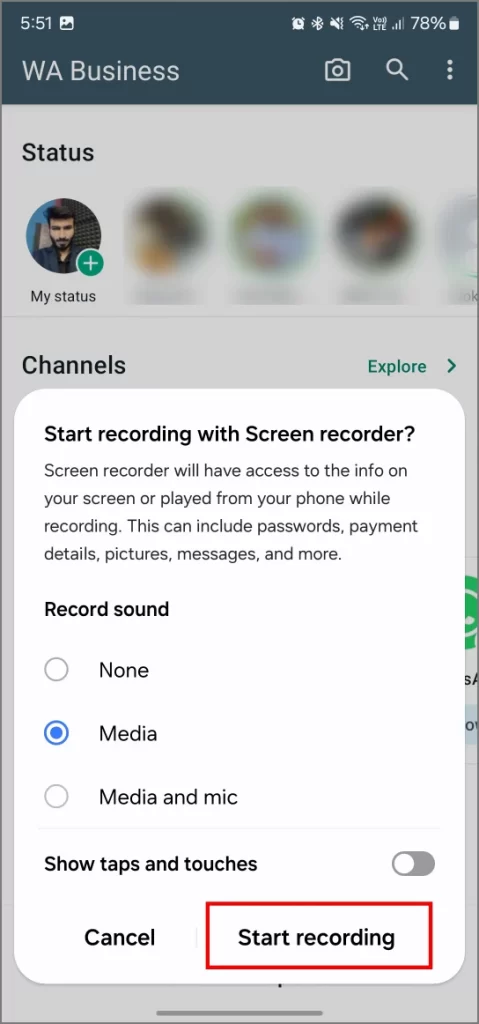 Enregistrement d'écran de la vidéo d'état WhatsApp sur un téléphone Android