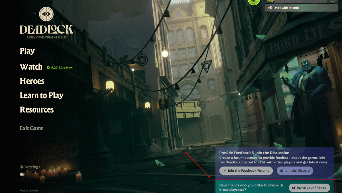 Écran d'accueil Deadlock avec invitation Playtest en surbrillance 