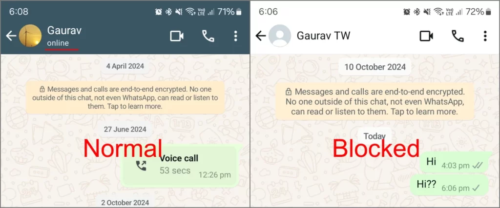 Statut en ligne non visible pour l'utilisateur qui vous a bloqué sur WhatsApp