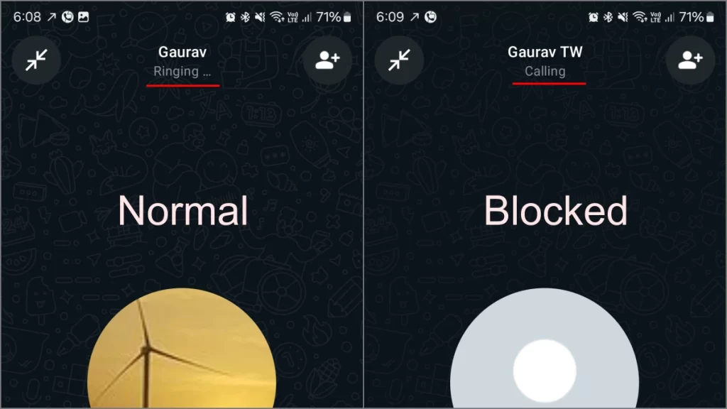 Les appels WhatsApp normaux affichent « sonnerie », mais restent en « appel » s'ils sont bloqués