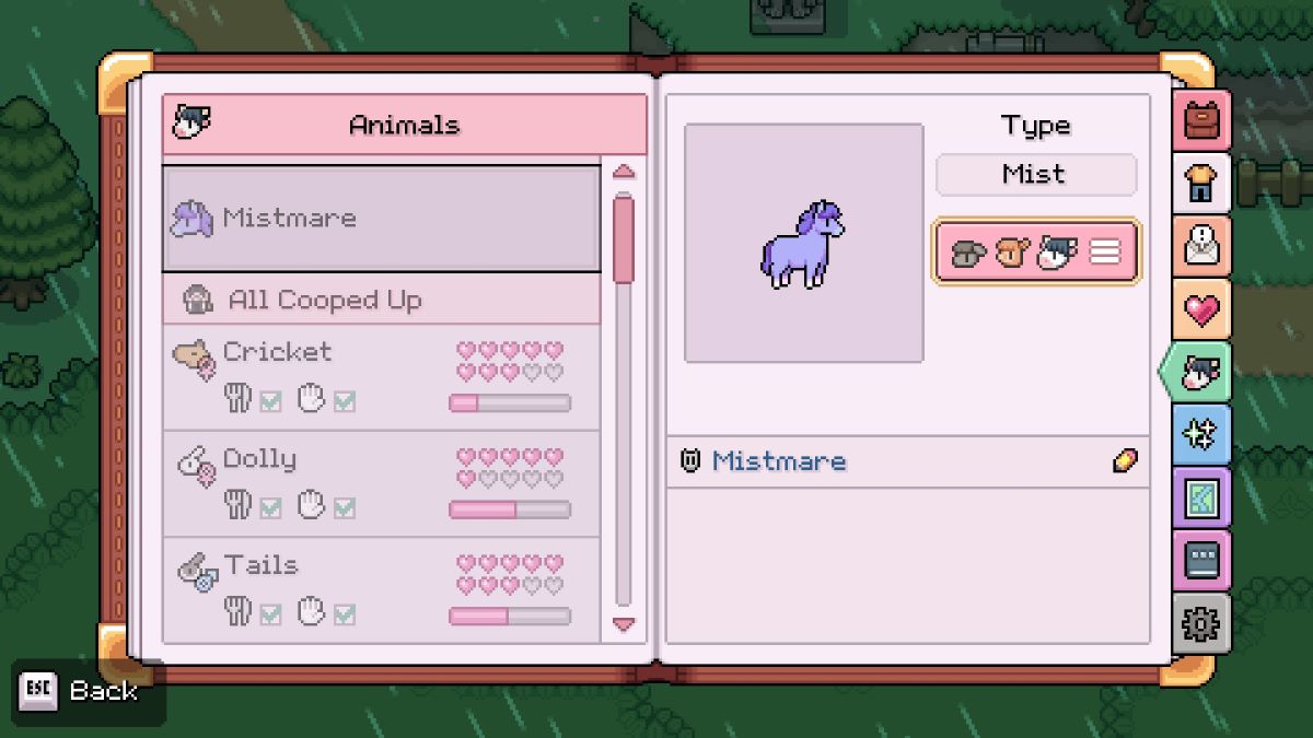 Profil de Mistmare dans le menu Animal des Champs de Mistria