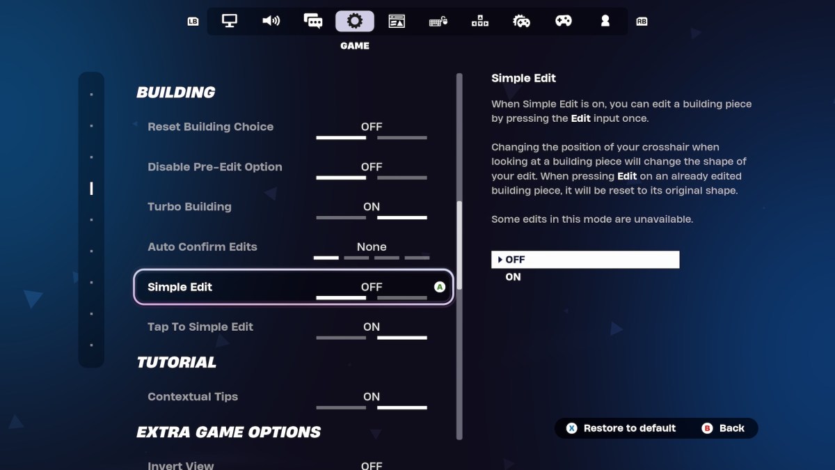 Le paramètre Simple Edit dans Fortnite.