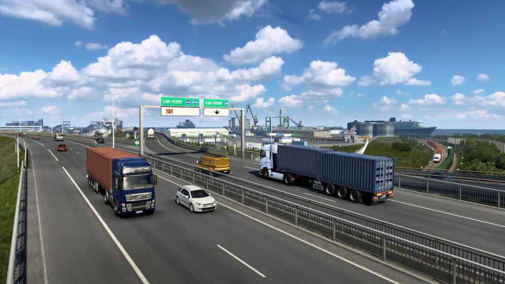 Camions et voitures circulant sur une route. 