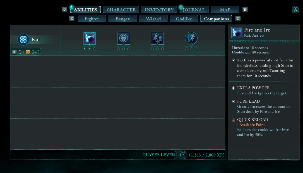 Une image montrant l'écran des capacités compagnons en avoué dans le cadre d'un guide pour respecter le jeu.