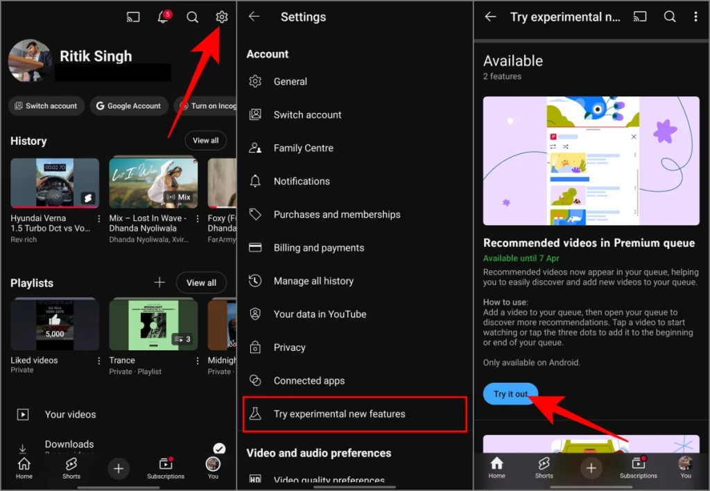 Activer des vidéos expérimentales recommandées dans la fonction de file d'attente sur YouTube Premium
