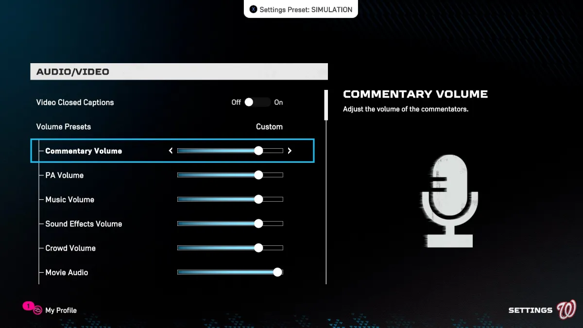 Sliant de volume de commentaires Dans MLB The Show 25 dans le cadre d'un article sur la façon de désactiver les commentateurs.