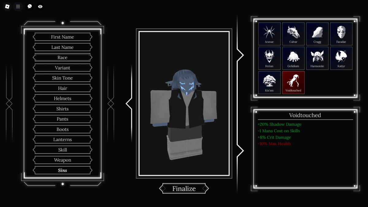 Aperçu du menu de création de personnages dans Absolument Roblox Experience où l'on peut changer leur race.