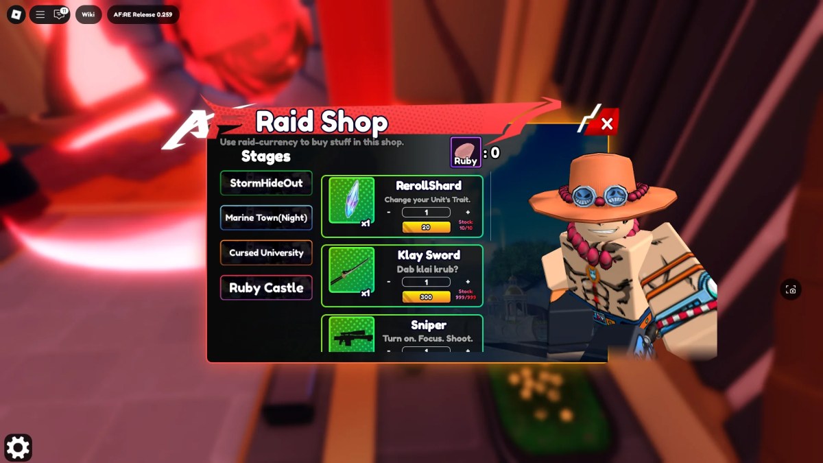 Preivew du menu Raid Shop où l'on peut acheter des éclats de relance, entre autres, dans l'expérience de la fantaisie anime: re roblox.