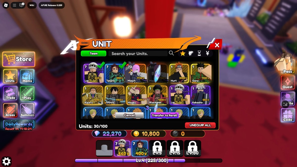 Aperçu du menu de transfert de relance où vous pouvez sacrifier les unités rares en échange de fragments de relance dans l'anime fantasme: re Roblox Experience.
