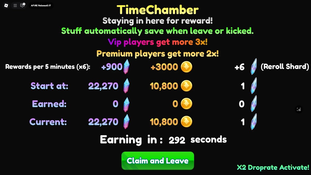 Aperçu des récompenses AFK que vous obtenez de The Time Chamber in Anime Fantasy: Re Roblox Experience.