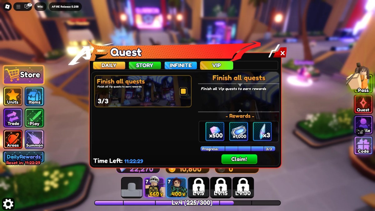 Aperçu de la quête récompense qui récompense les joueurs avec des éclats de relance dans le fantasme de l'anime: re Roblox Experience.