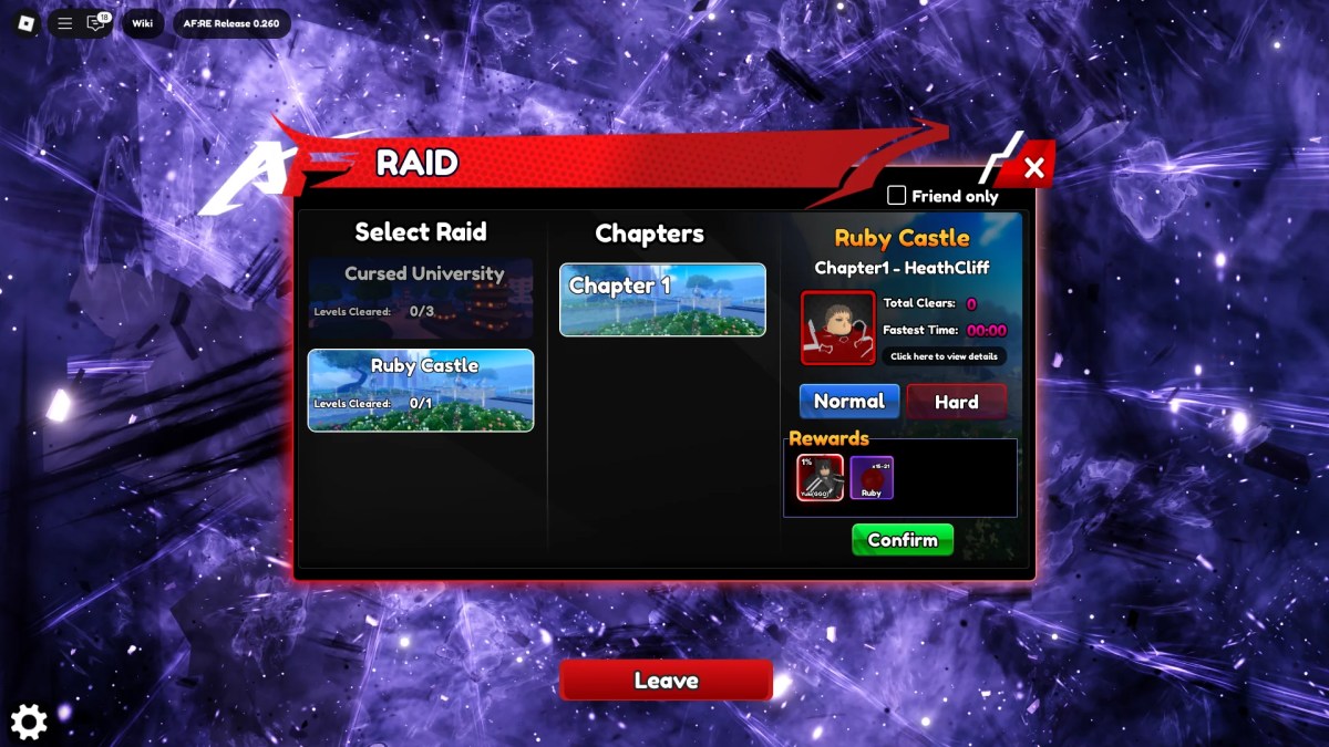 Aperçu du menu RAID dans le fantasme de l'anime: re Roblox Experience.