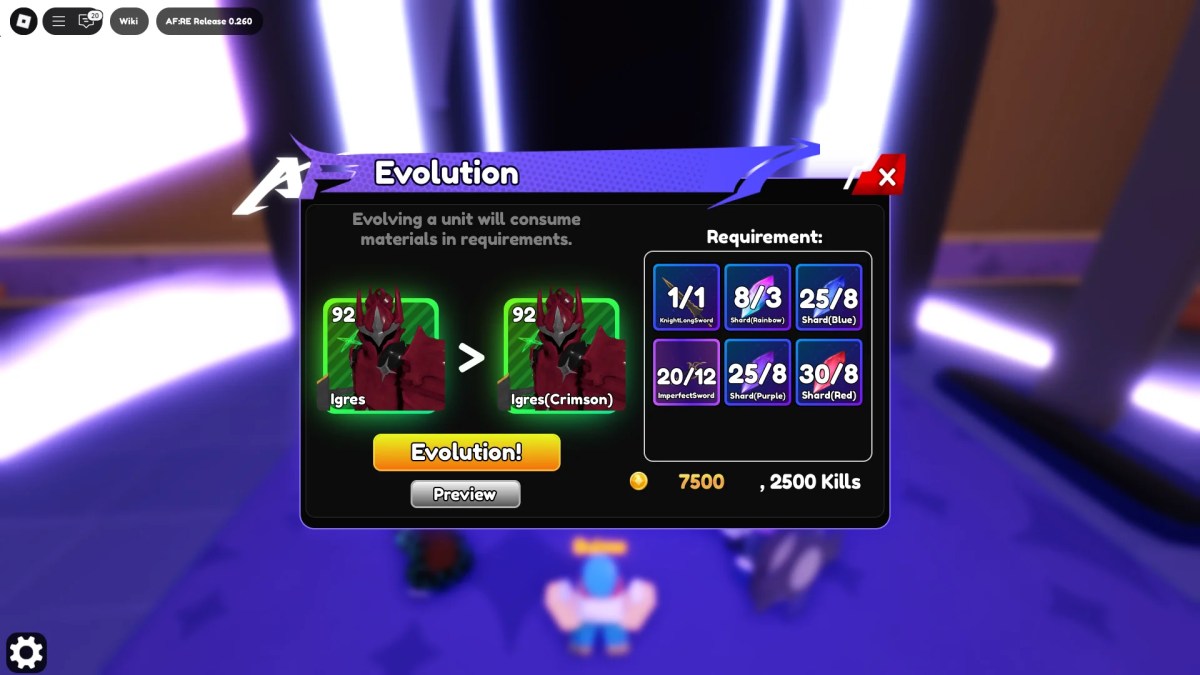Aperçu du menu Evolve Units in the Anime Fantasy: Re Roblox Experience.