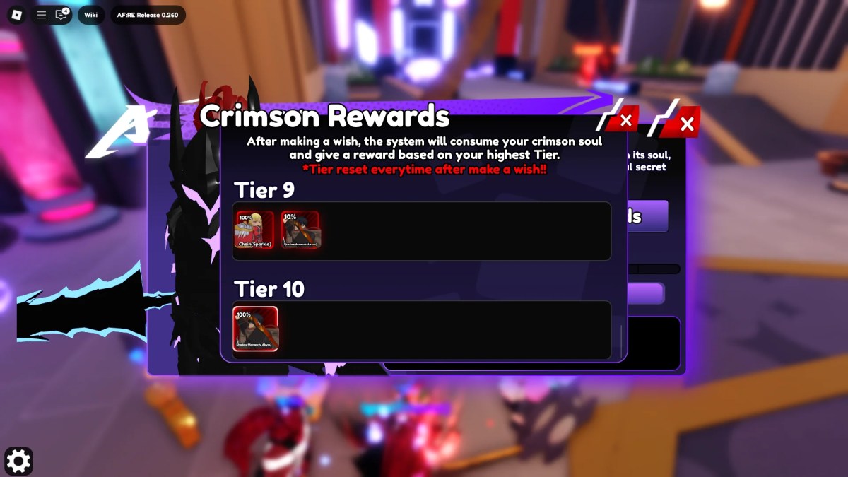 Aperçu du menu Crimson Rewards avec des unités secrètes dans le fantasme anime: re Roblox Experience.