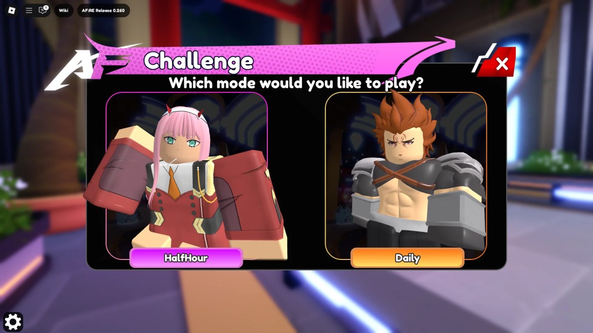 Aperçu du menu Défis dans la fantaisie anime: re Roblox Experience.
