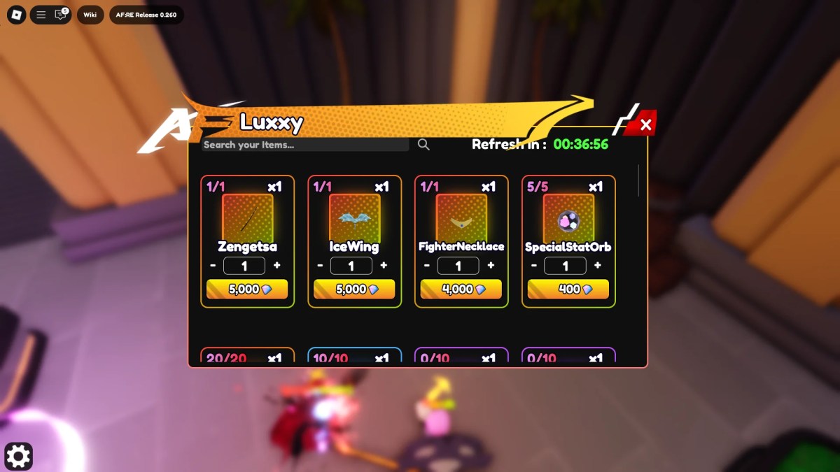 Aperçu de la boutique Luxxy avec des matériaux d'unité d'évolution disponibles dans l'anime fantasy: re Roblox Experience.