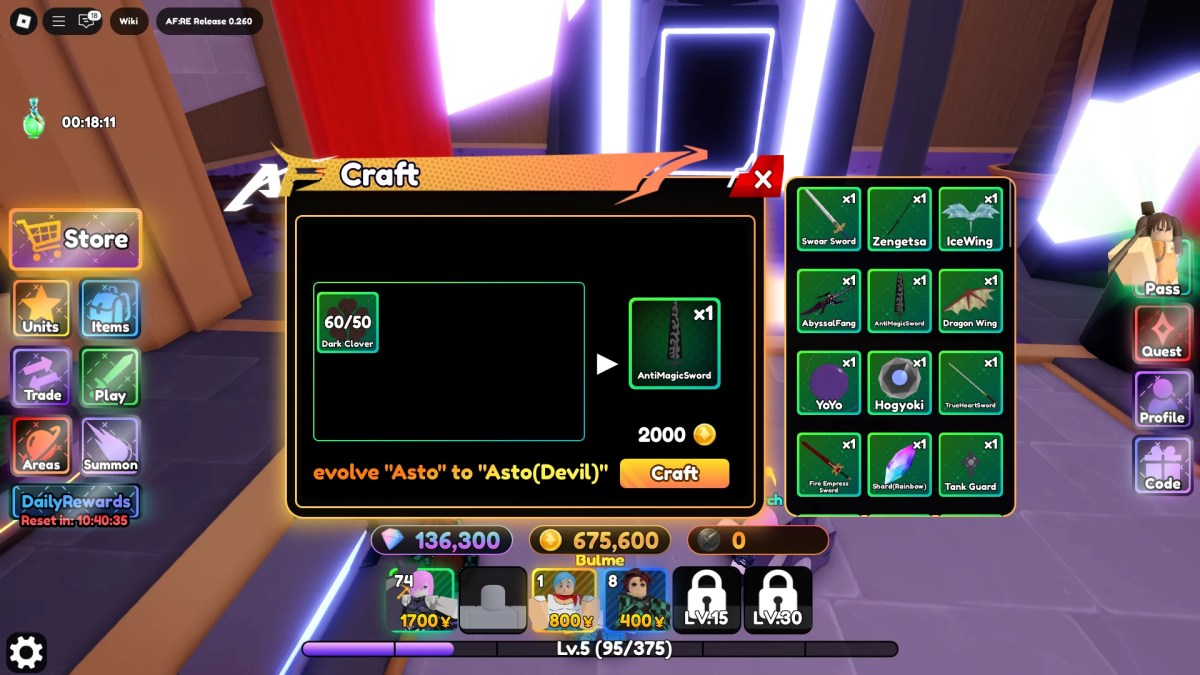 Aperçu du menu artisanal dans l'anime fantasme: re Roblox Experience.