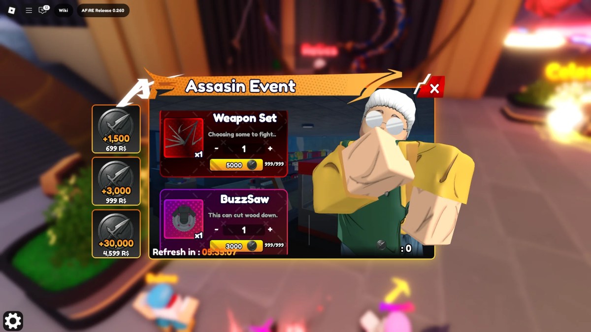 Aperçu de la boutique d'événements Assassin dans l'anime Fantasy: re Roblox Experience.