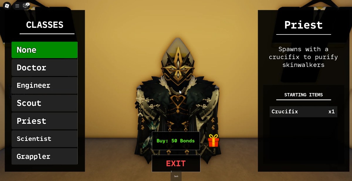 Aperçu du menu des classes dans l'expérience Skinwalkers Roblox.