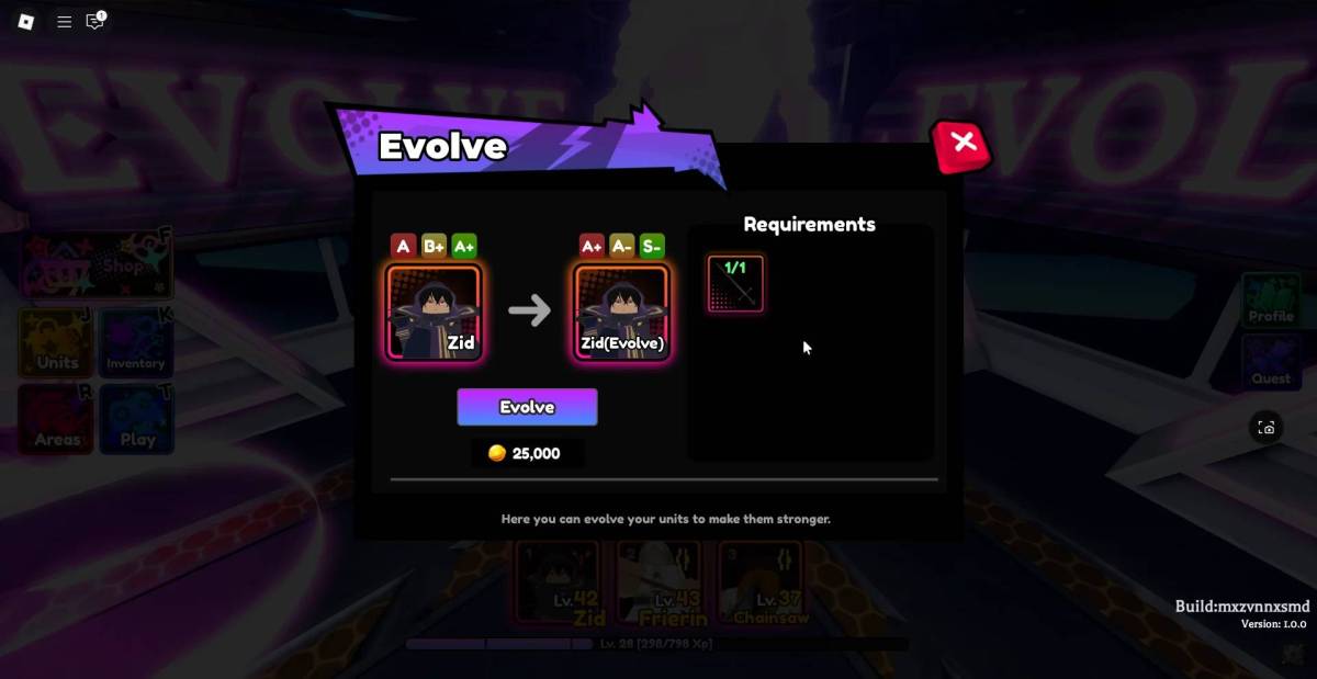 Aperçu du menu Evolve Units dans l'expérience Anime Saga Roblox.