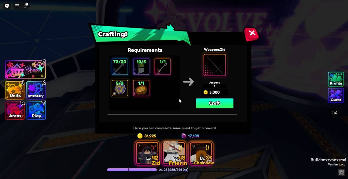 Aperçu du menu Craft dans l'expérience de Saga Roblox Anime.