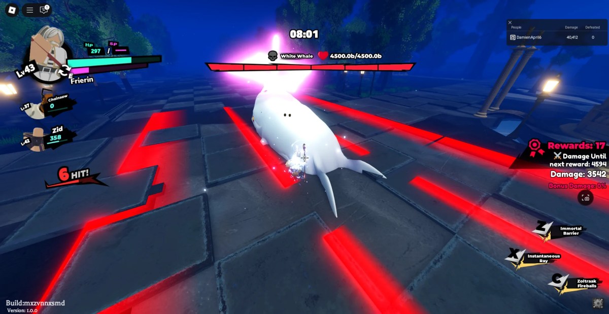 Un joueur combattant le boss White Wale Raid dans l'expérience de la saga Roblox de l'anime.
