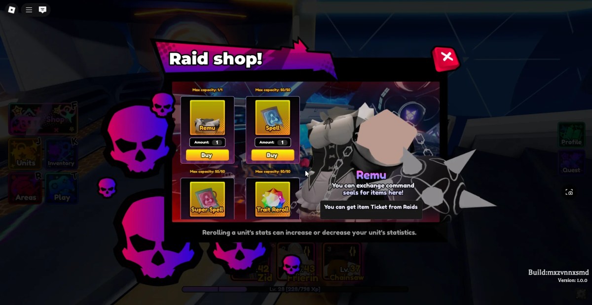 Aperçu du stock de raid Shop dans l'expérience Anime Saga Roblox.