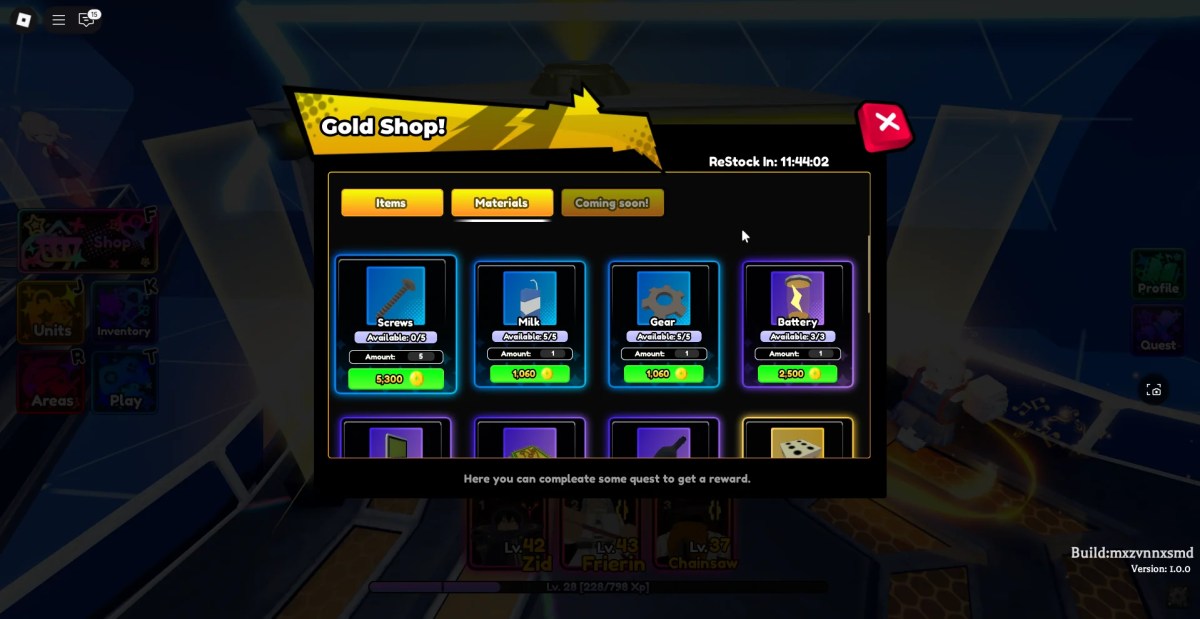 Aperçu du stock de boutique Gold qui contient des matériaux nécessaires pour élaborer des articles d'évolution pour certaines unités de l'expérience de Saga Roblox Anime.