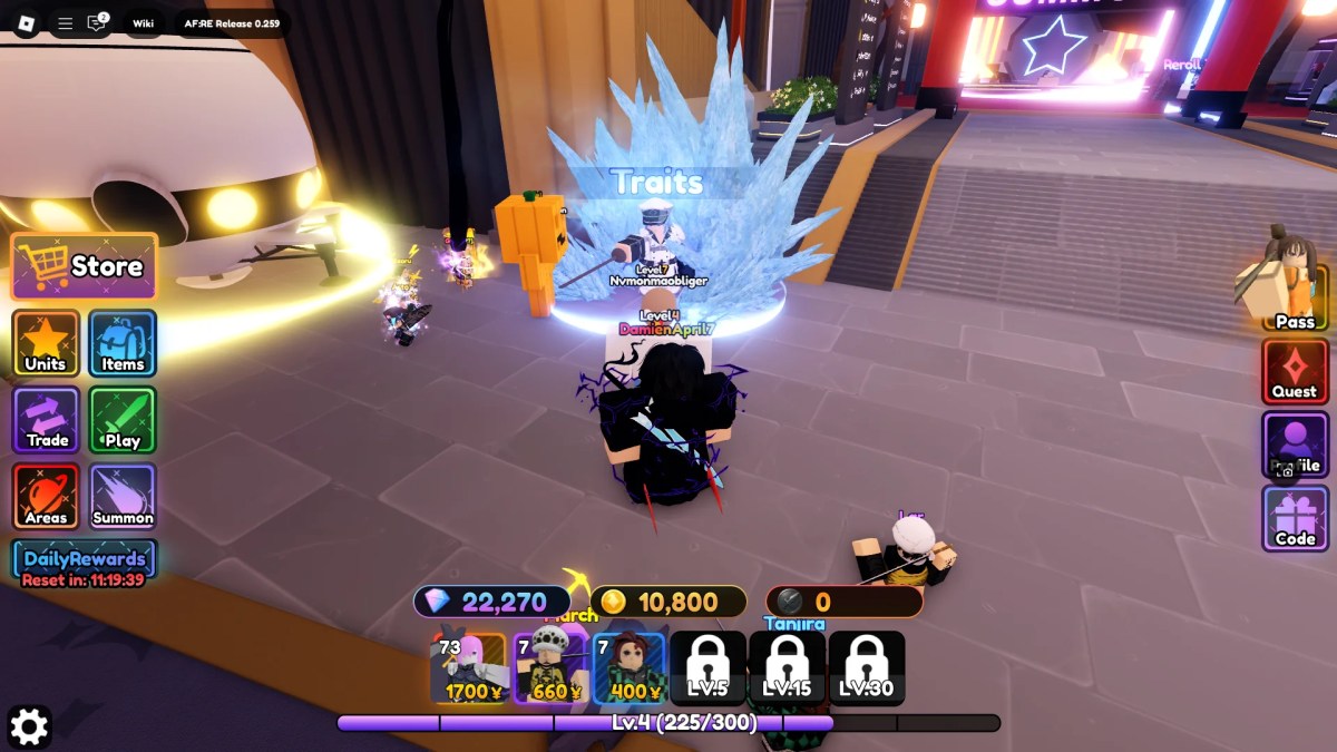 Un joueur debout à côté des traits NPC dans le hall principal de l'anime Fantasy: Re Roblox Experience.