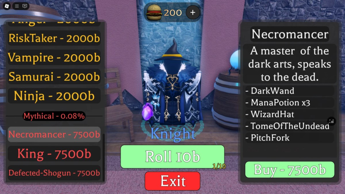 Aperçu du menu de rediffusion de la classe avec la possibilité d'acheter une classe spécifique mise en évidence dans l'expérience Dead Spells Roblox.