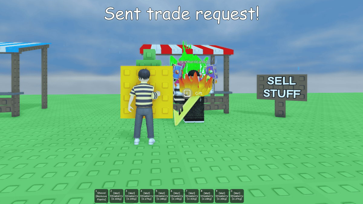 Envoi d'une demande de commerce pour les cultures commerciales et les animaux de compagnie dans l'expérience Grow A Garden Roblox