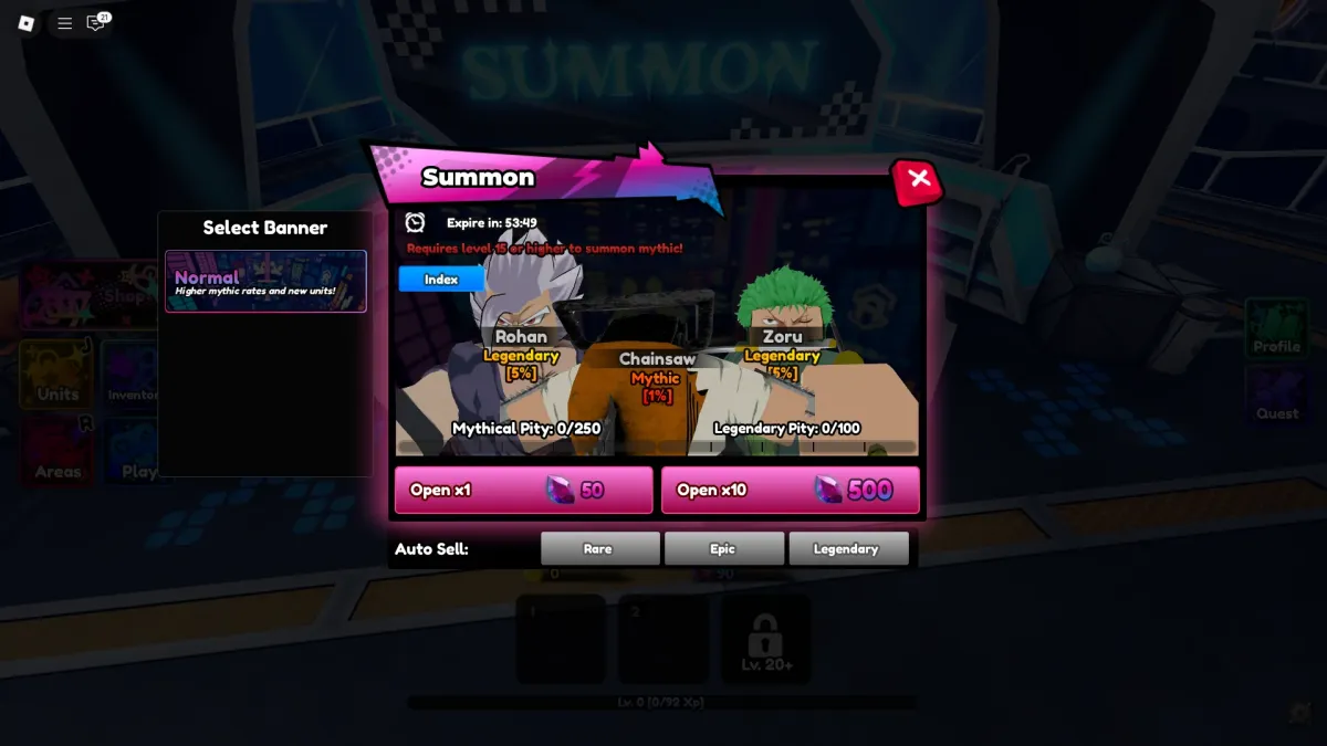 Aperçu du menu Summon dans l'expérience de Saga Roblox Anime.